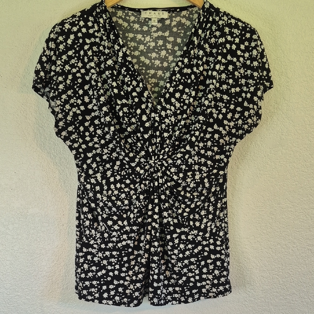 Chaus NY Black & White Floral Ruched Wrap Blouse Short Sleeve Top Sz Large Flowy